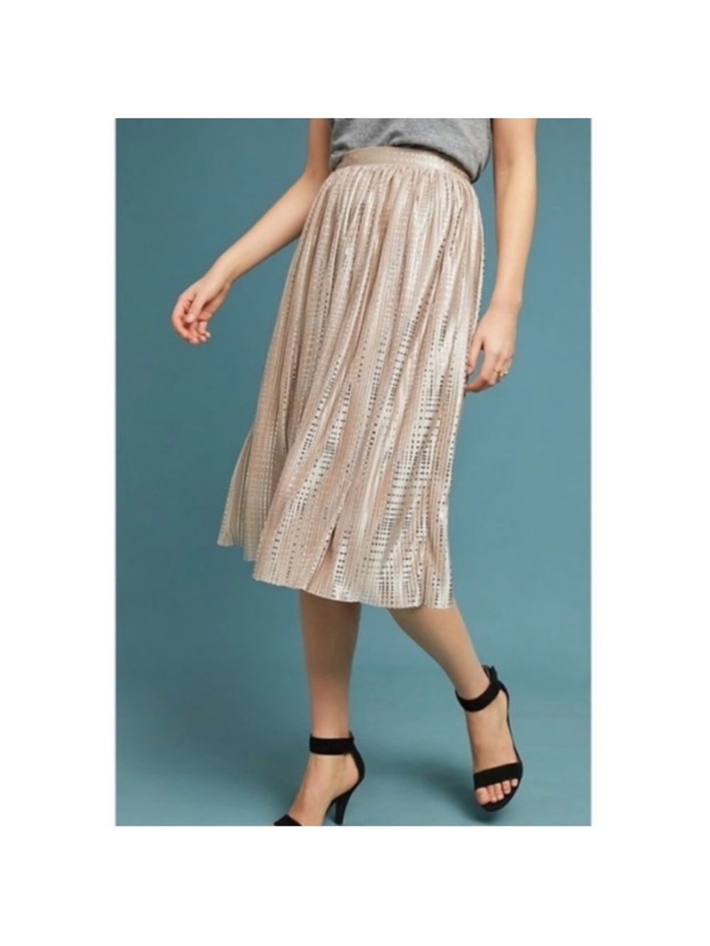 Sabina Musayev Anthropologie Cassia Champagne Metallic Pleated Midi Skirt 6